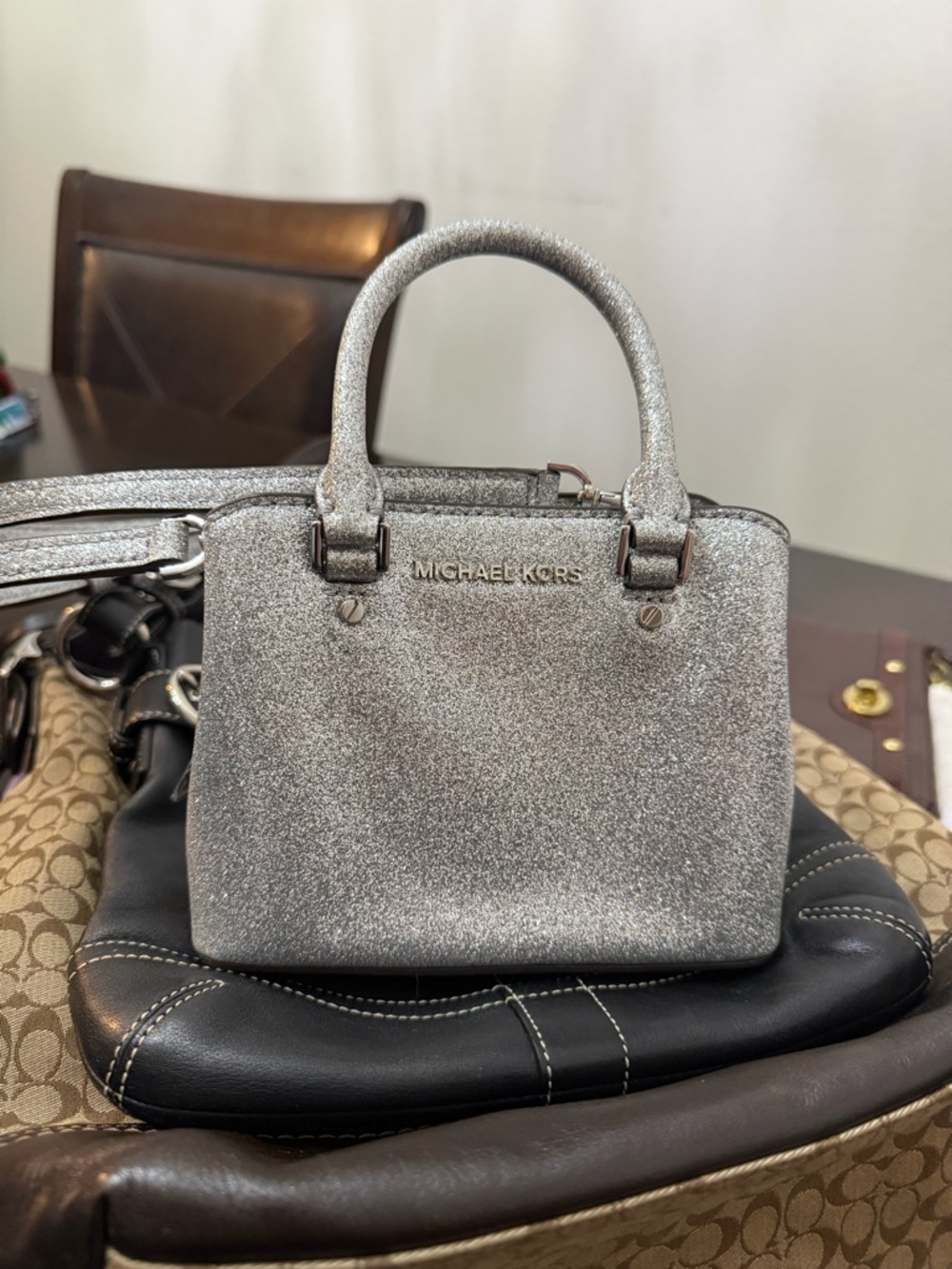 Michael Kors Silver Glitter Mini Satchel